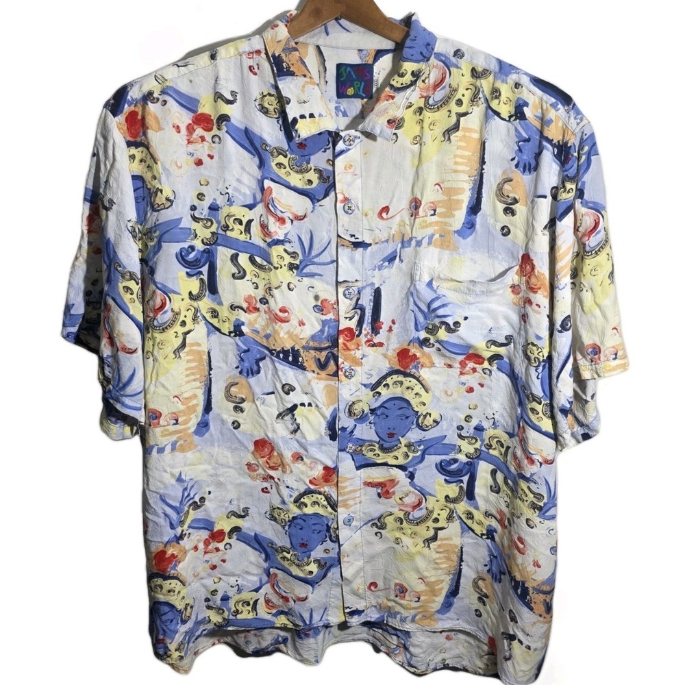 Vintage Jams World Hawaiian Shirt‎ Mens 3xl Multi Color Asian Theme Rare 80s 90s